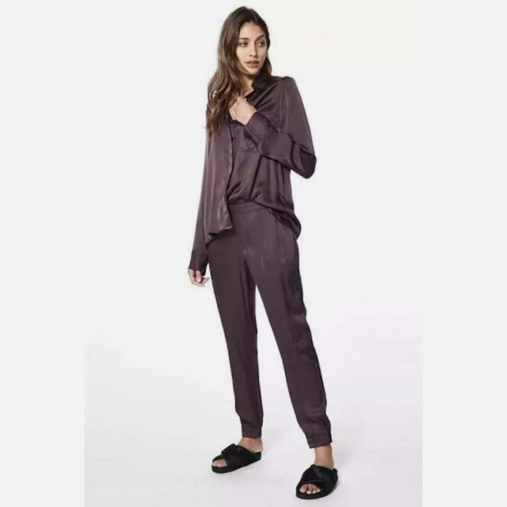 NWT YFB Young Fabulous & Broke Jensen Satin Silky Jogger Pants Dark Purple
